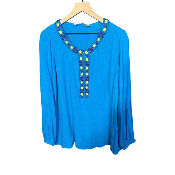Soft Surroundings Blue Tunic Top With Beaded Embellishments Long Sleeves Womens - Picture 2 of 6